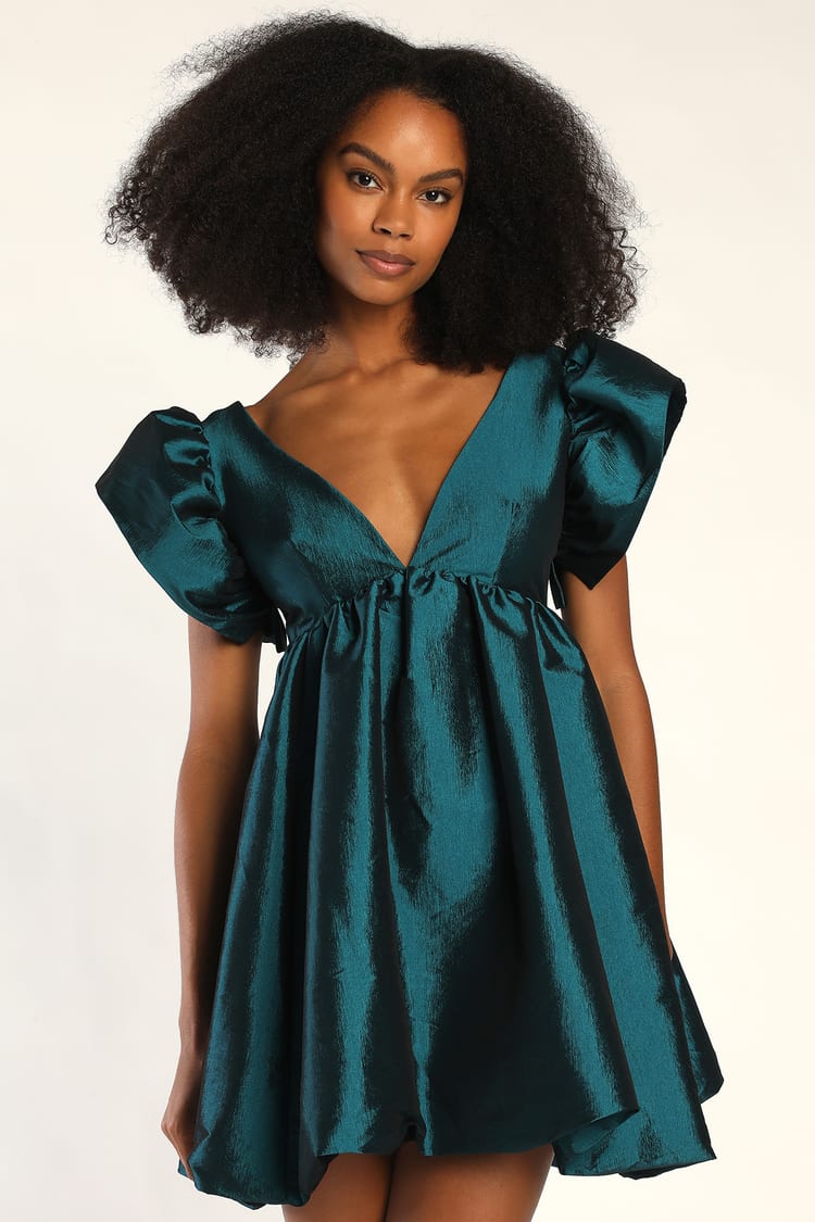 Dramatic Dreams Dark Teal Taffeta Ruffled Babydoll Dress