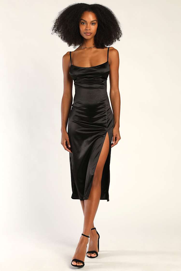 Black Silk Spaghetti Strap Dress Summer Women Satin Slip Dress