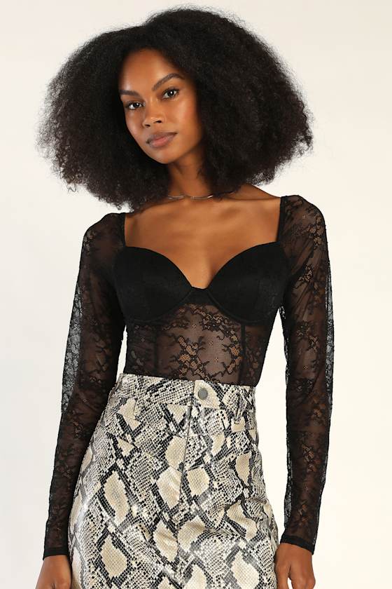 Sexy Black Lace Bodysuit Long Sleeve Bodysuit Sheer Bodysuit Lulus