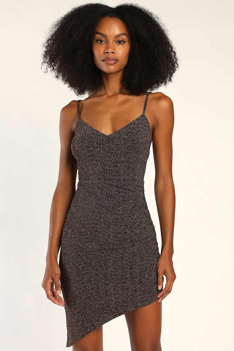 Bronze Lurex Dress - Ruched Bodycon Dress - Shiny Bodycon Dress - Lulus