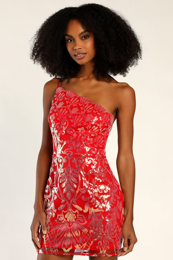 Lulus Mesmerizing Shine Red Iridescent Sequin One-shoulder Mini Dress