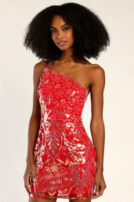 Mesmerizing Shine Red Iridescent Sequin One-Shoulder Mini Dress