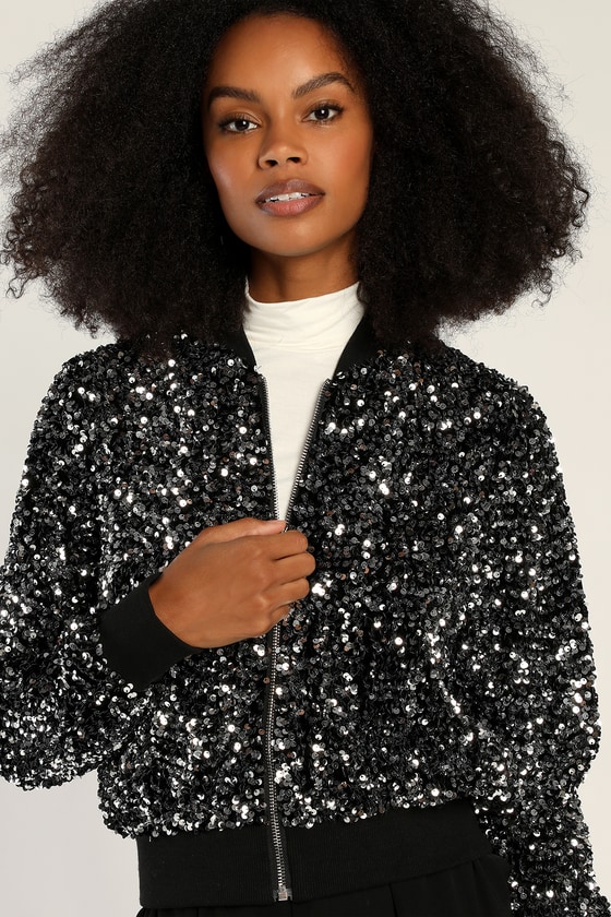 Black and Silver Jacket - Sequin Bomber Jacket - Metallic Jacket - Lulus