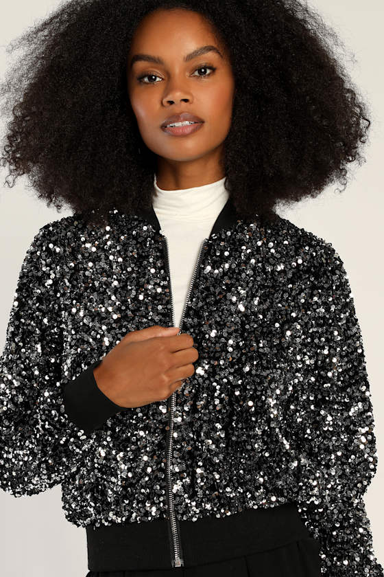 Afterparty Vibe Black and Silver Sequin Bomber Jacket 4