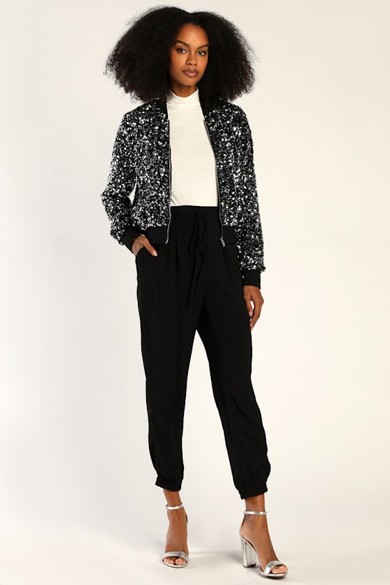 Afterparty Vibe Black and Silver Sequin Bomber Jacket 2