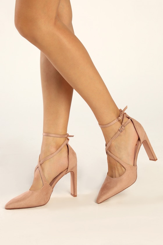 Lulus Fernany Light Nude Suede Pointed-toe Ankle Strap Pumps In Beige