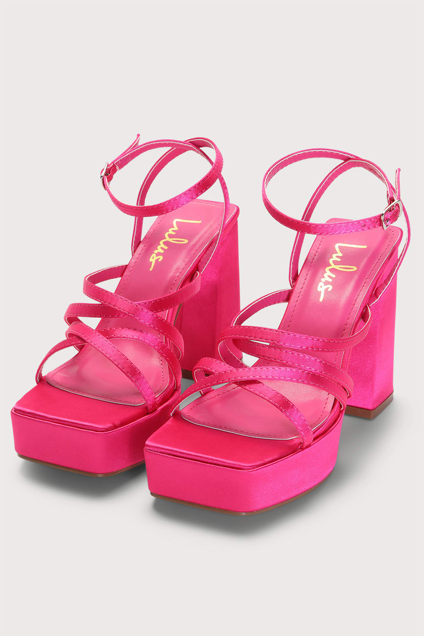 Kelysiey Pink Satin Platform Ankle Strap Heels