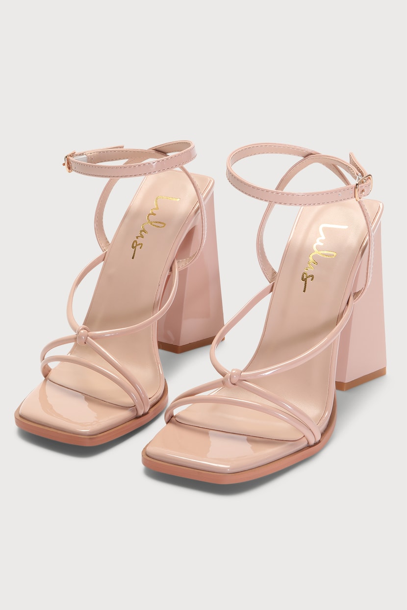Light Nude Strappy Heels - Patent Leather Heels - Sculpted Heel