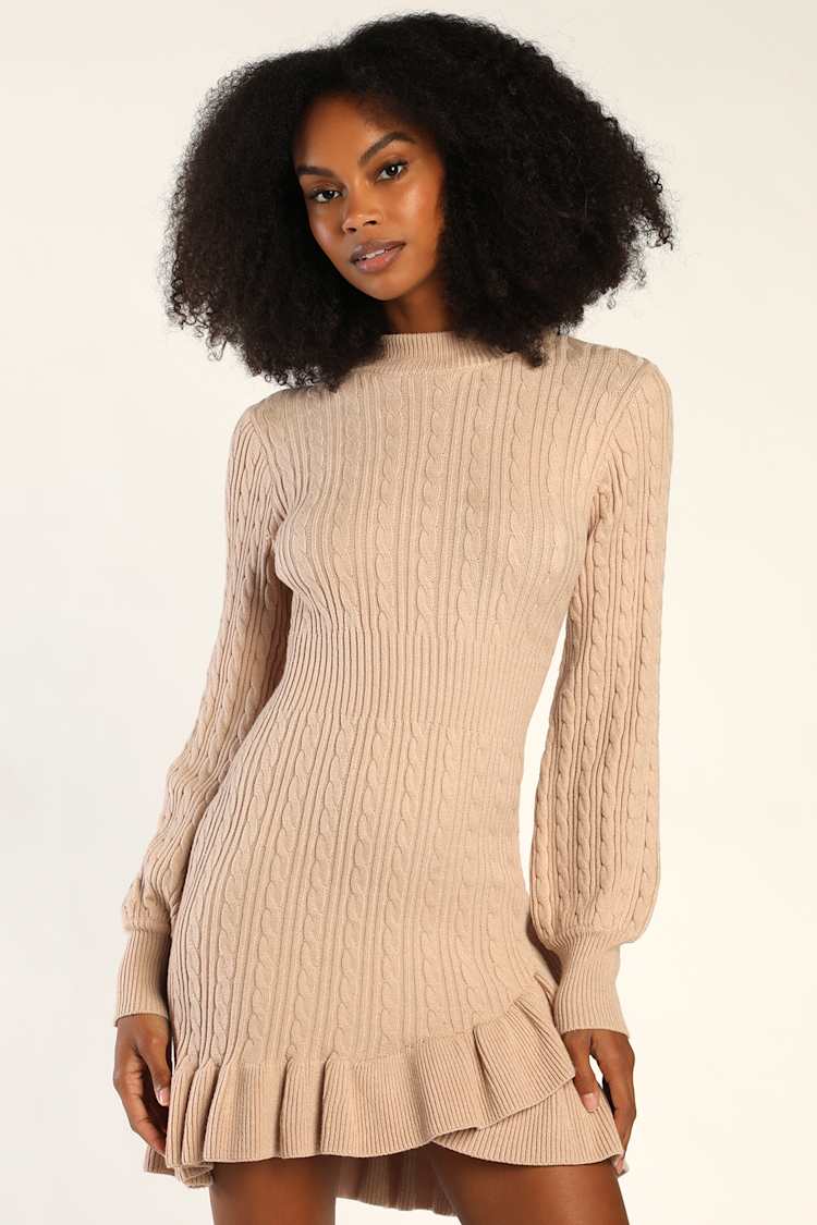 Beige Cable Knit Dress - Mini Sweater Dress - Ruffled Knit Dress - Lulus Beige Cable Knit Dress - Mini Sweater Dress - Ruffled Knit Dress - Lulus