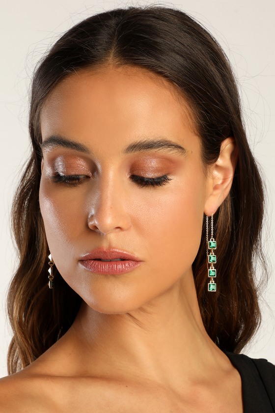 Gold and Green Earrings - Threader Earrings - Rhinestone Earrings - Lulus