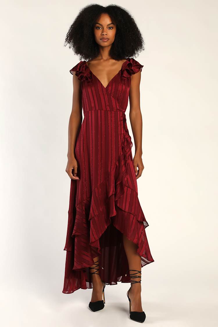 Wine Red Wrap Dress - High-Low Wrap Dress - Lurex Dress - Lulus