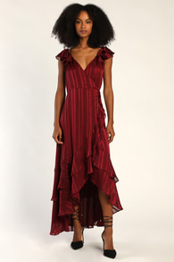 Party Darling Wine Red Striped Lurex High-Low Wrap Dress
