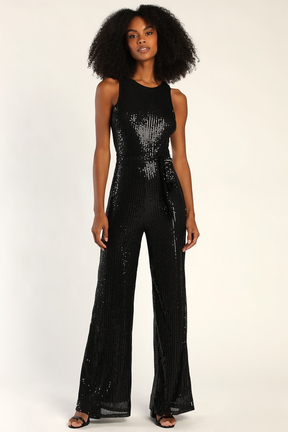 Dazzling Perfection Black Sequin Backless Wide-Leg Jumpsuit