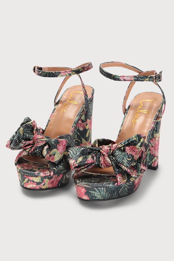 Lilsa Black Floral Metallic Bow Platform Ankle Strap Heels 3