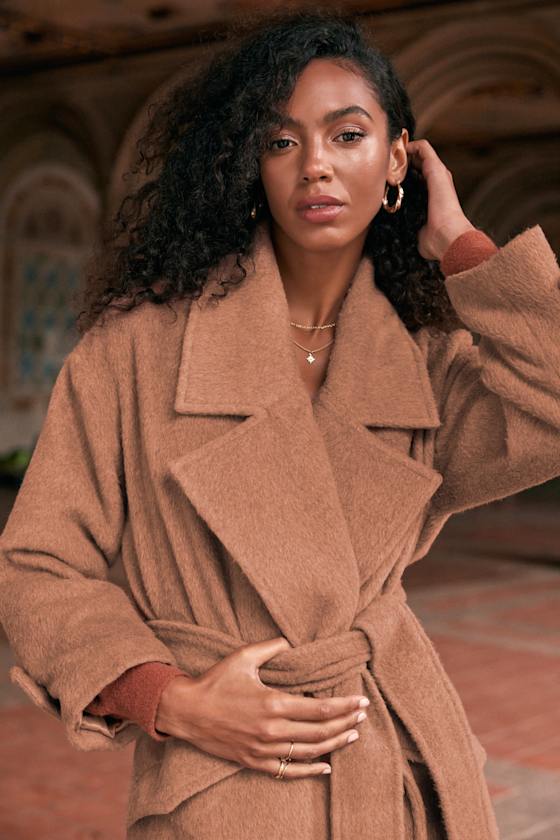 Light Brown Coat Belted Coat Brushed Overcoat Long Coat Lulus