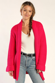 Cuddly Season Hot Pink Belted Oversized Cardigan Sweater