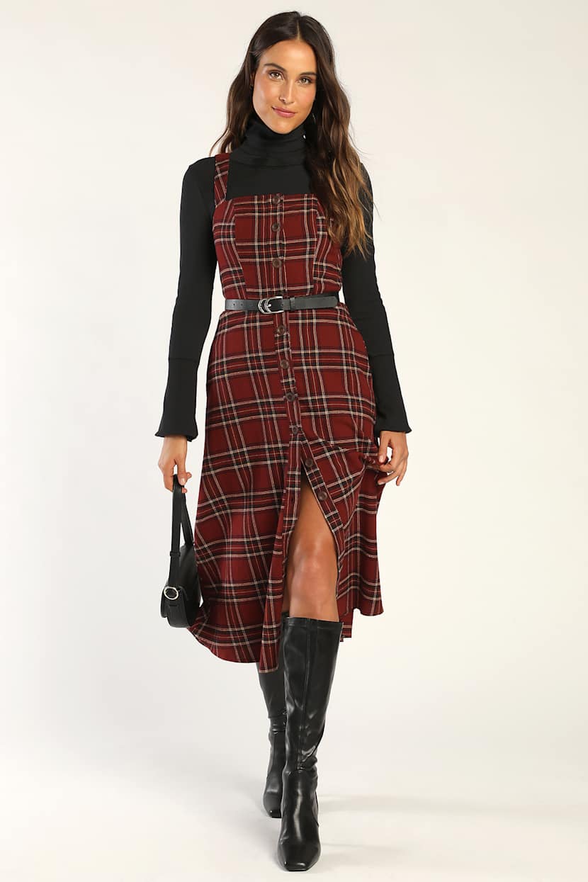 Burgundy Plaid Midi Dress - Skater Dress - Plaid Button Up Dress - Lulus