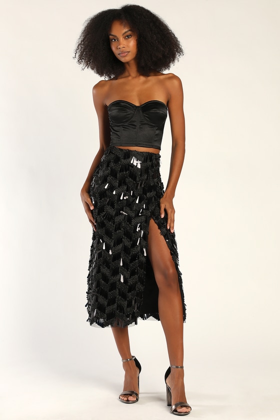 Shiny Black Skirt - Sequin Skirt - Midi Skirt - Fringe Skirt - Lulus