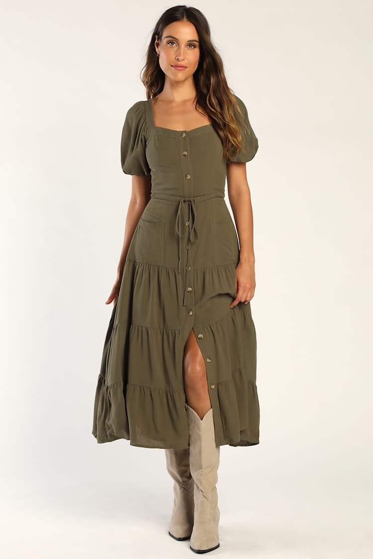 Olive Puff Sleeve Dress - Tiered Midi Dress - Dress with Pockets - Lulus