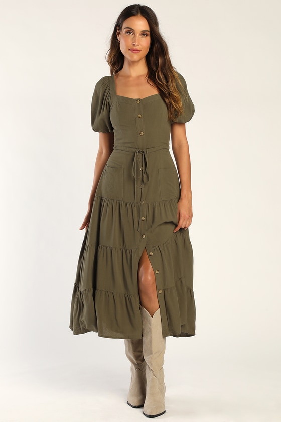 Olive Puff Sleeve Dress - Tiered Midi Dress - Dress with Pockets - Lulus