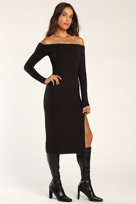 Elegant Sight Black Off-the-Shoulder Bodycon Midi Dress 9