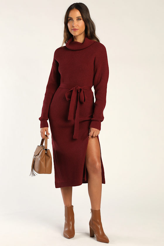Snuggle Chic Burgundy Knit Turtleneck Midi Sweater Dress 7