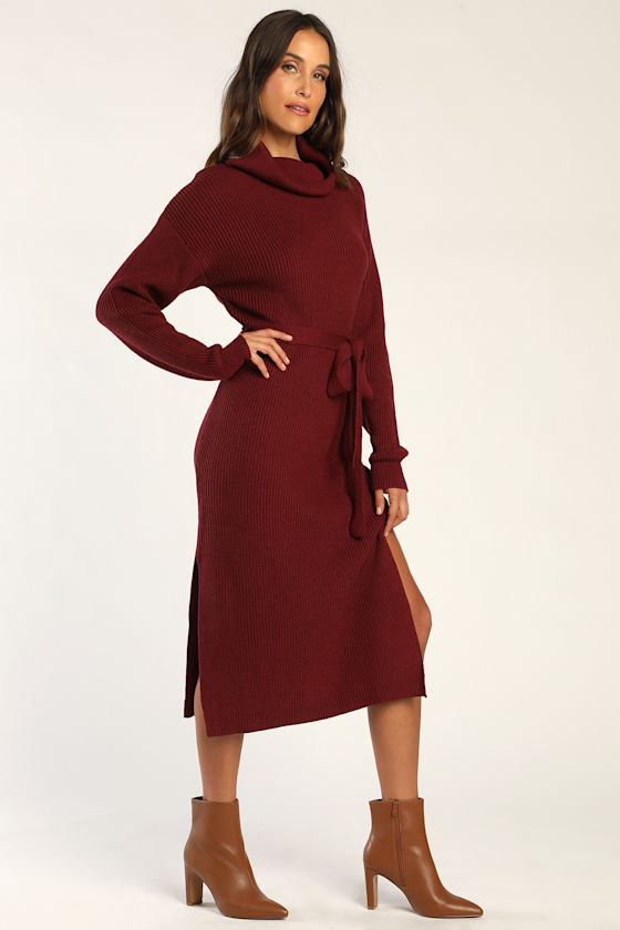 Snuggle Chic Burgundy Knit Turtleneck Midi Sweater Dress 6