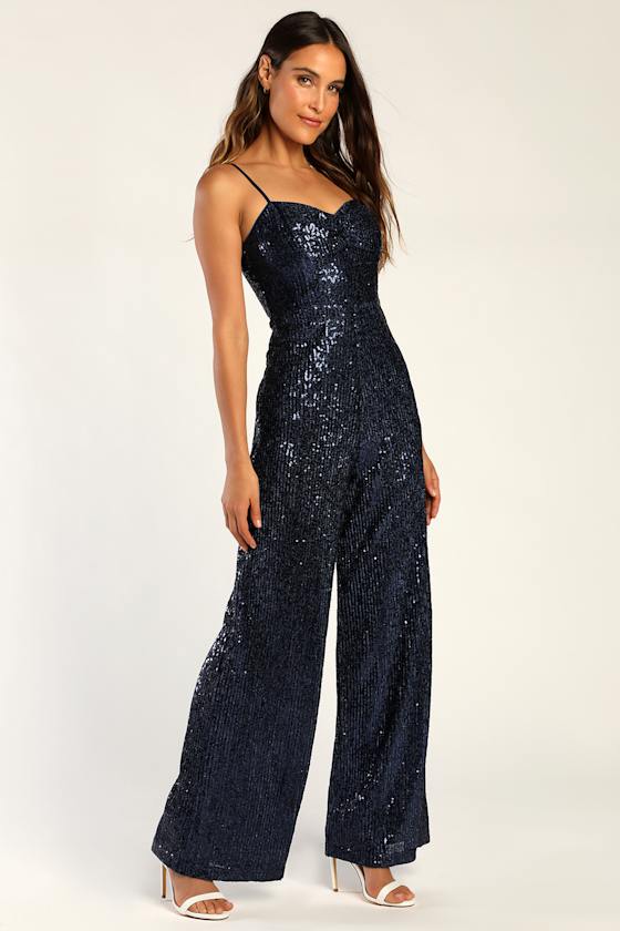 Navy Blue Sequin Jumpsuit - Wide Leg Jumpsuit - Jumpsuit - Lulus