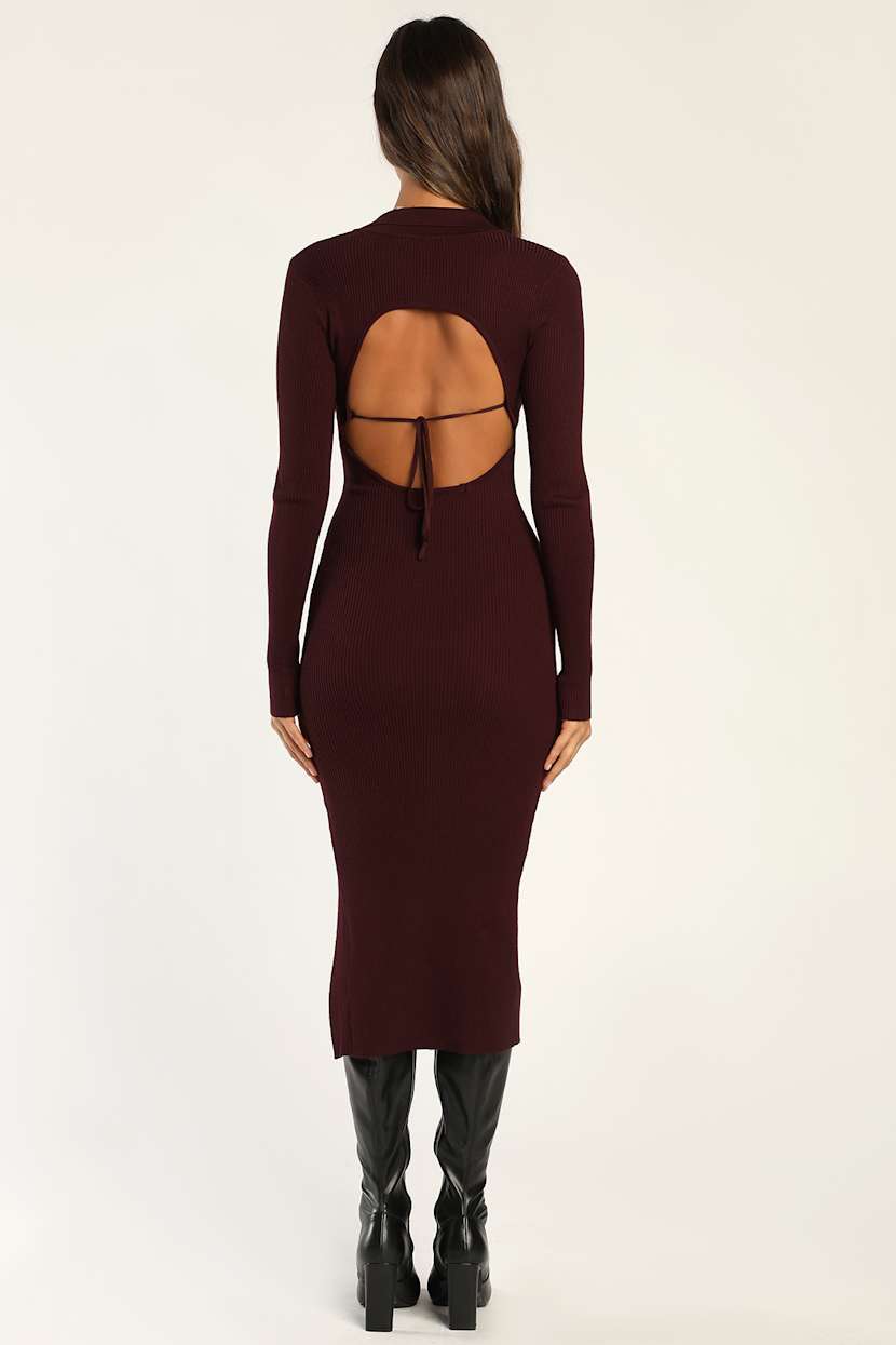 Brown Midi Dress - Sweater Knit Midi Dress - Collared Midi Dress
