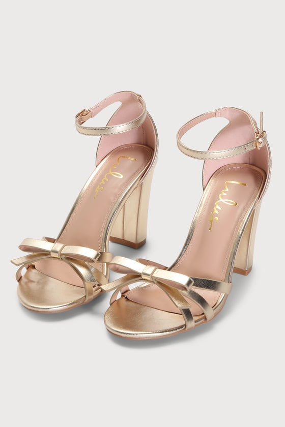 Lulus Bowden Gold Bow Ankle Strap High Heel Sandal Heels