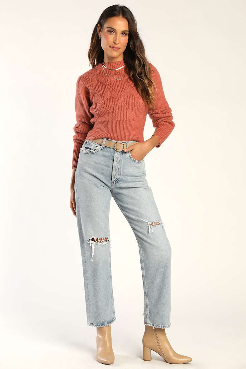 Snow Day Romance Terracotta Cable Knit Cropped Sweater