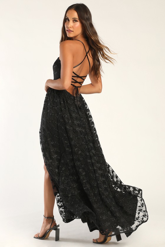 Lulus Pursuing Elegance Black Floral Embroidered Lace-up Maxi Dress