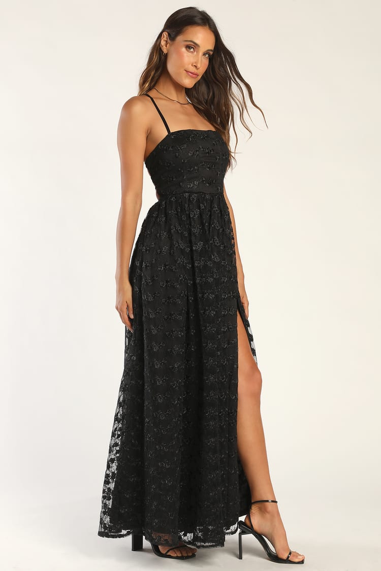 Black Tulle Dress - Embroidered Maxi Dress - Lace-Up Maxi Dress