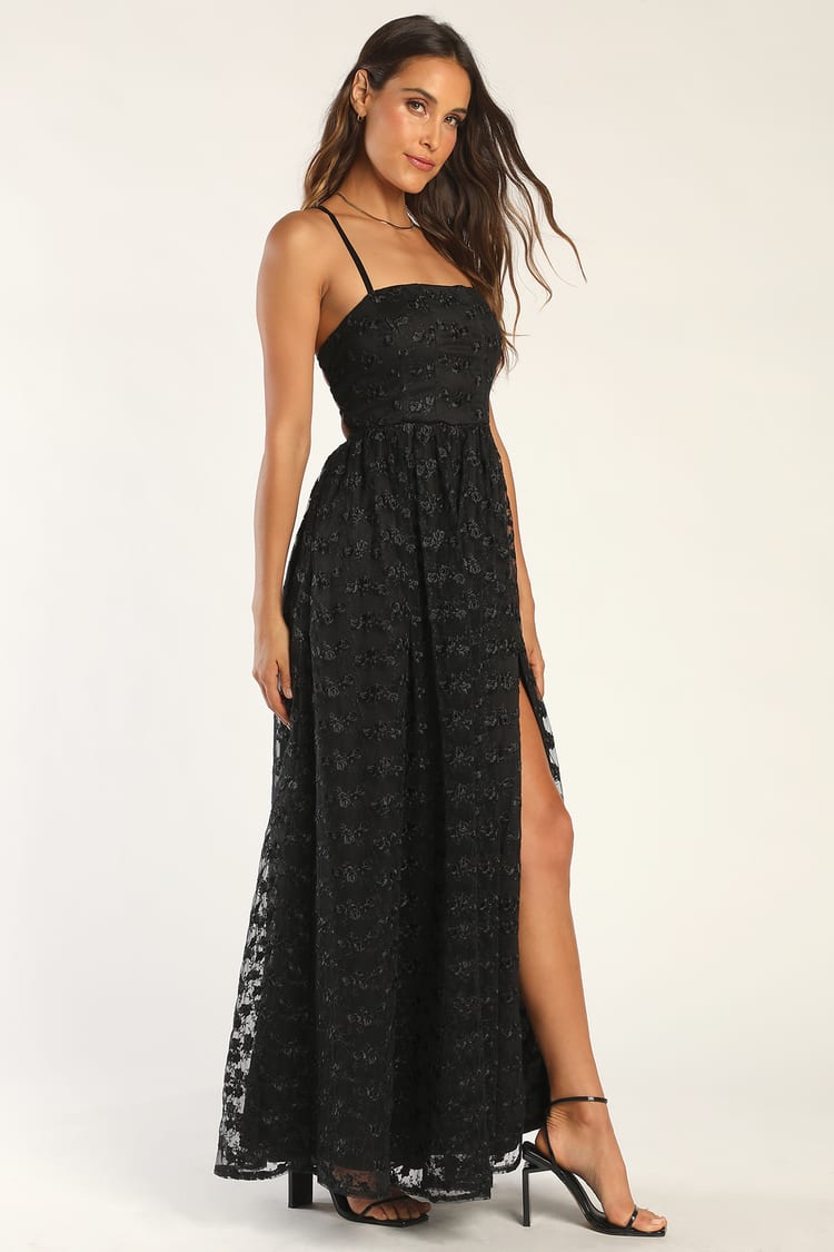 Black Tulle Dress - Embroidered Maxi Dress - Lace-Up Maxi Dress - Lulus