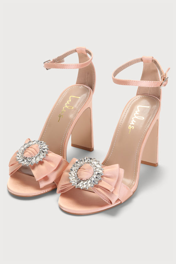 Genesisy Champagne Satin Rhinestone High Heel Sandals 2