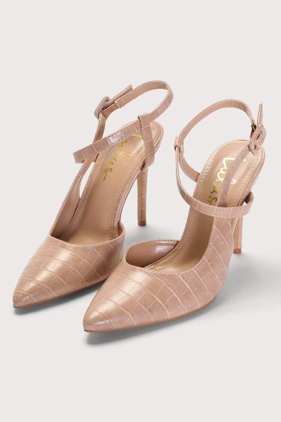 Lulus Jenlove Light Nude Croc-embossed Pointed-toe Pumps In Beige