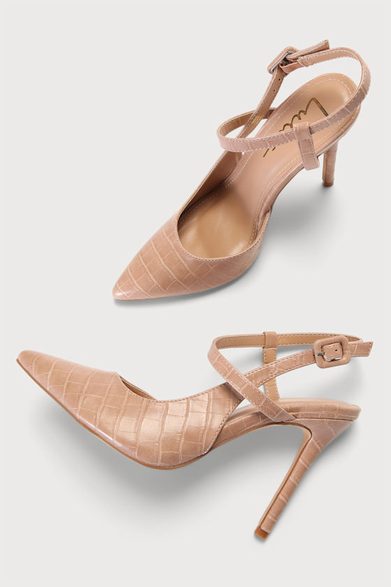 Jenlove Light Nude Croc-Embossed Pointed-Toe Pumps 4
