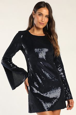 Navy Blue Mini Dress - Sequin Long Sleeve Dress - A-Line Dress