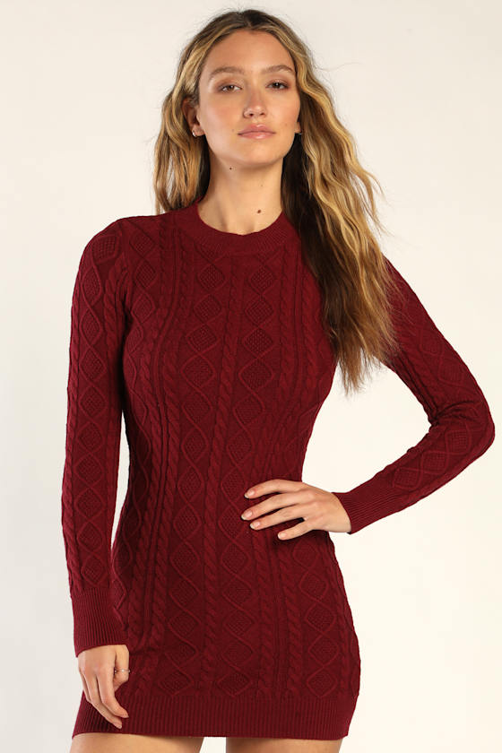 Love You Sweater Burgundy Cable Knit Backless Sweater Dress 1