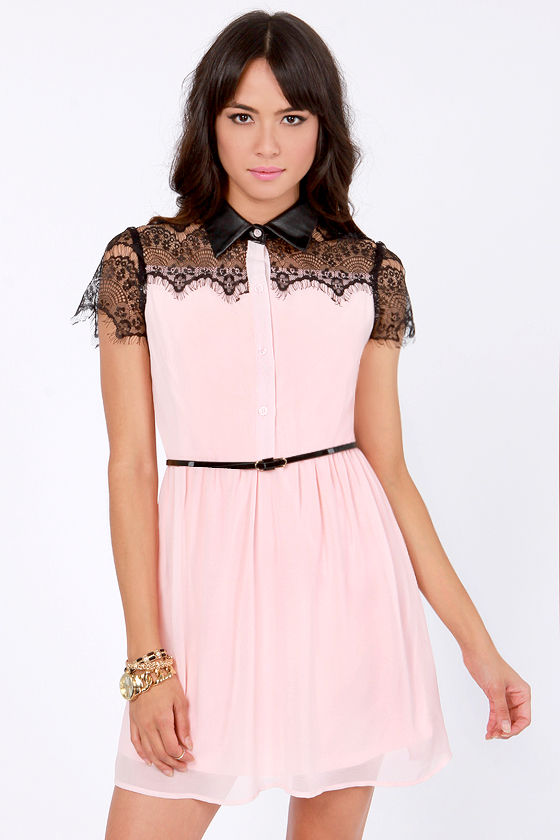 Rose Look Collar belt Set A-line Dress ワンピース (2色) Cute Light Pink Dress - Lace Dress - Leather Collar Dress