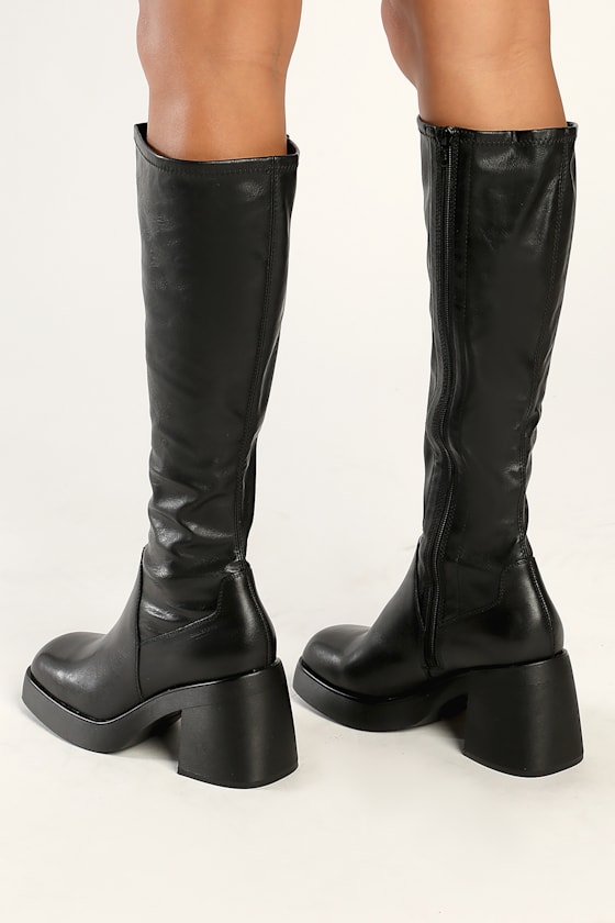 Brooke Black Leather Platform Square-Toe Knee-High Boots 1
