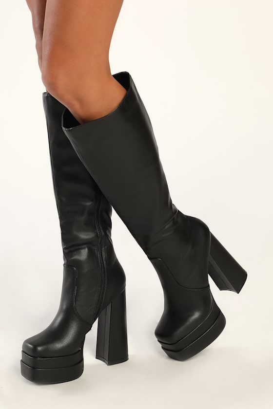 Brunay Black Square Toe Platform Over-the-Knee Boots 4