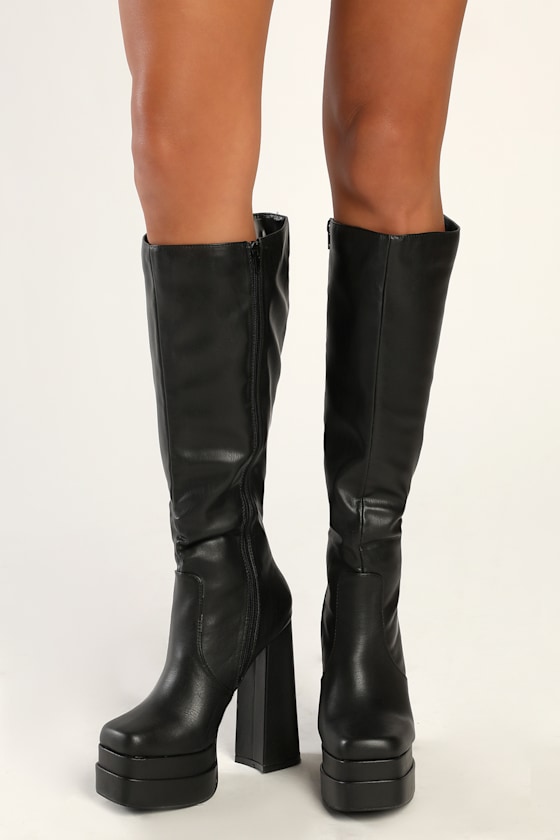 Brunay Black Square Toe Platform Over-the-Knee Boots 3