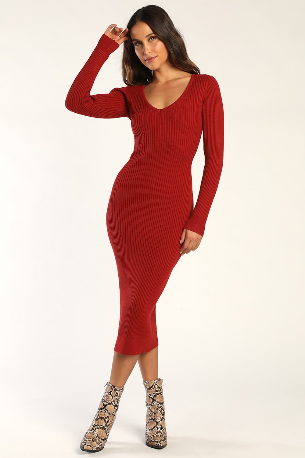 Everyday Beauty Rust Red Long Sleeve Ribbed Knit Sweater Dress