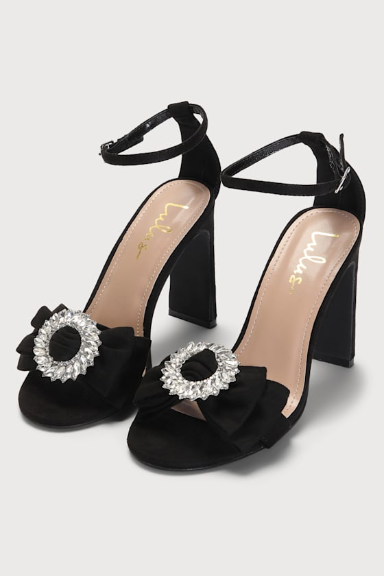 Genesisy Black Suede Rhinestone Ankle Strap Pumps 3