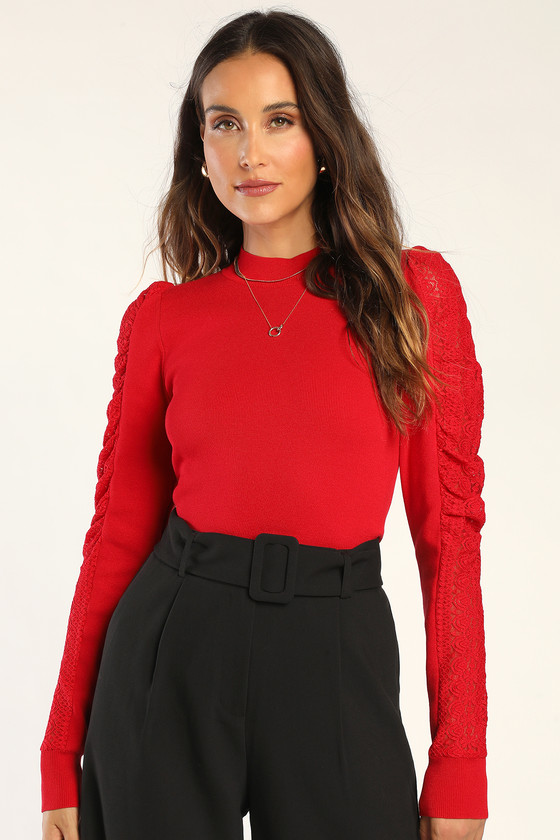 Red Sweater Top - Lace Sweater - Puff Shoulder Sweater - Lulus