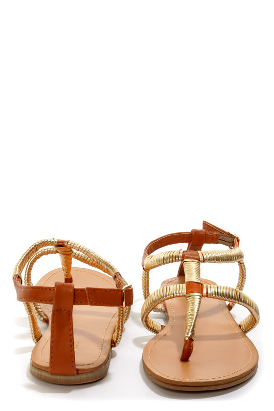 Promise Guide Brown and Gold-Wrapped T-Strap Thong Sandals
