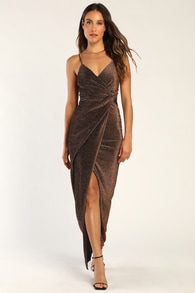 A Night of Radiance Bronze Sparkly Twist-Front Maxi Dress