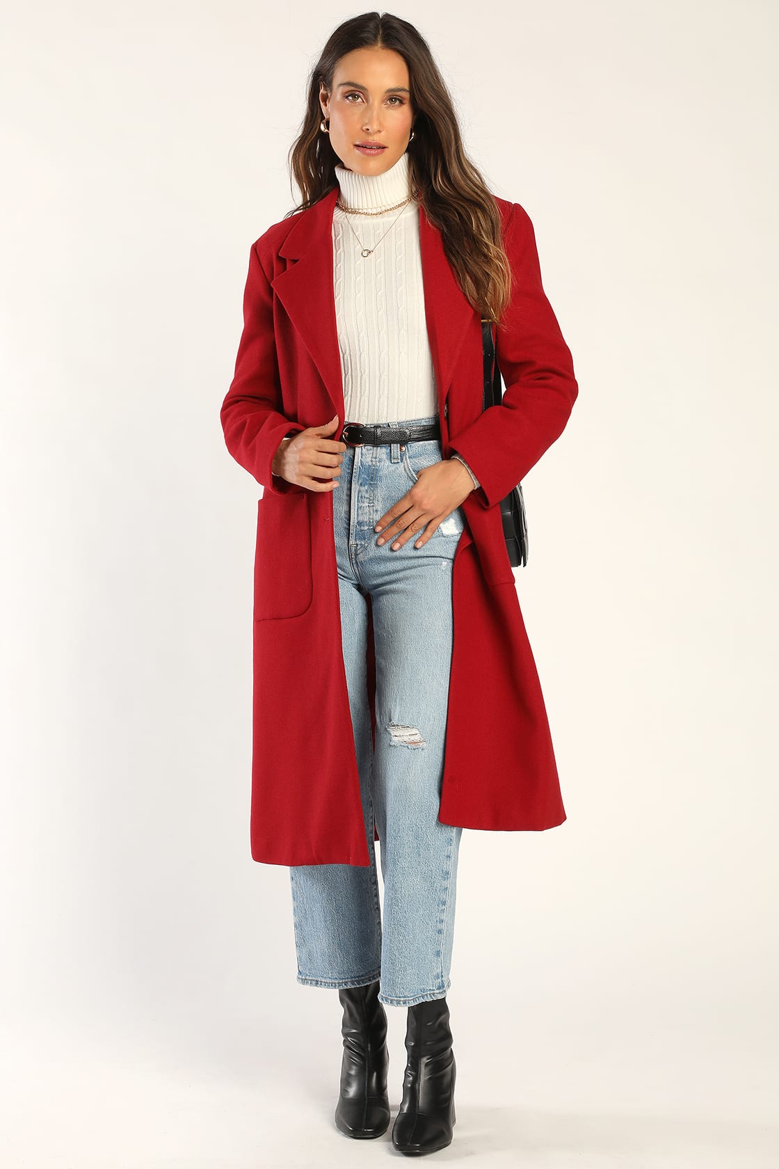 Abercrombie Red Bodysuit with black jeans, strappy black heels, and a red pea coat