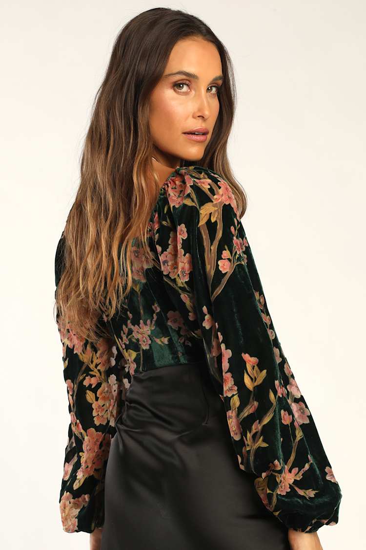 Luxe Romance Emerald Velvet Floral Burnout Long Sleeve Bodysuit